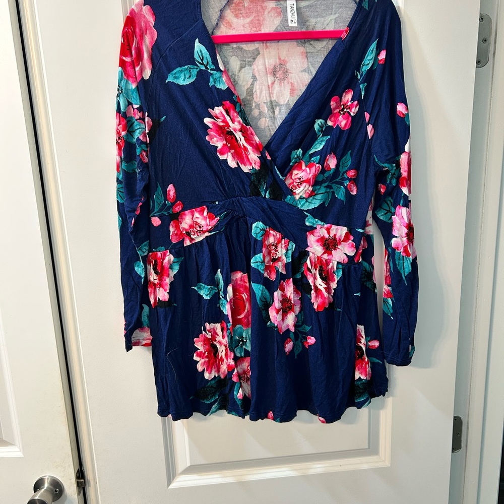 Zara Floral V-Neck Blouse - Navy and Pink